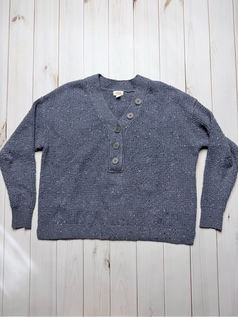 a.n.a Women's Slate Blue V-Neck Button Pullover Sweater